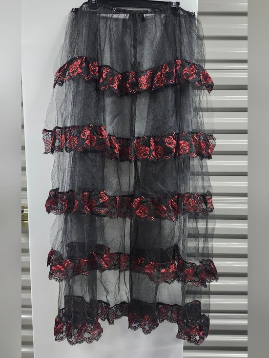 Widow Dolls Kill Black Sheer Tiered Bustle Skirt with Red Floral Lace Trim - Picture 1 of 5